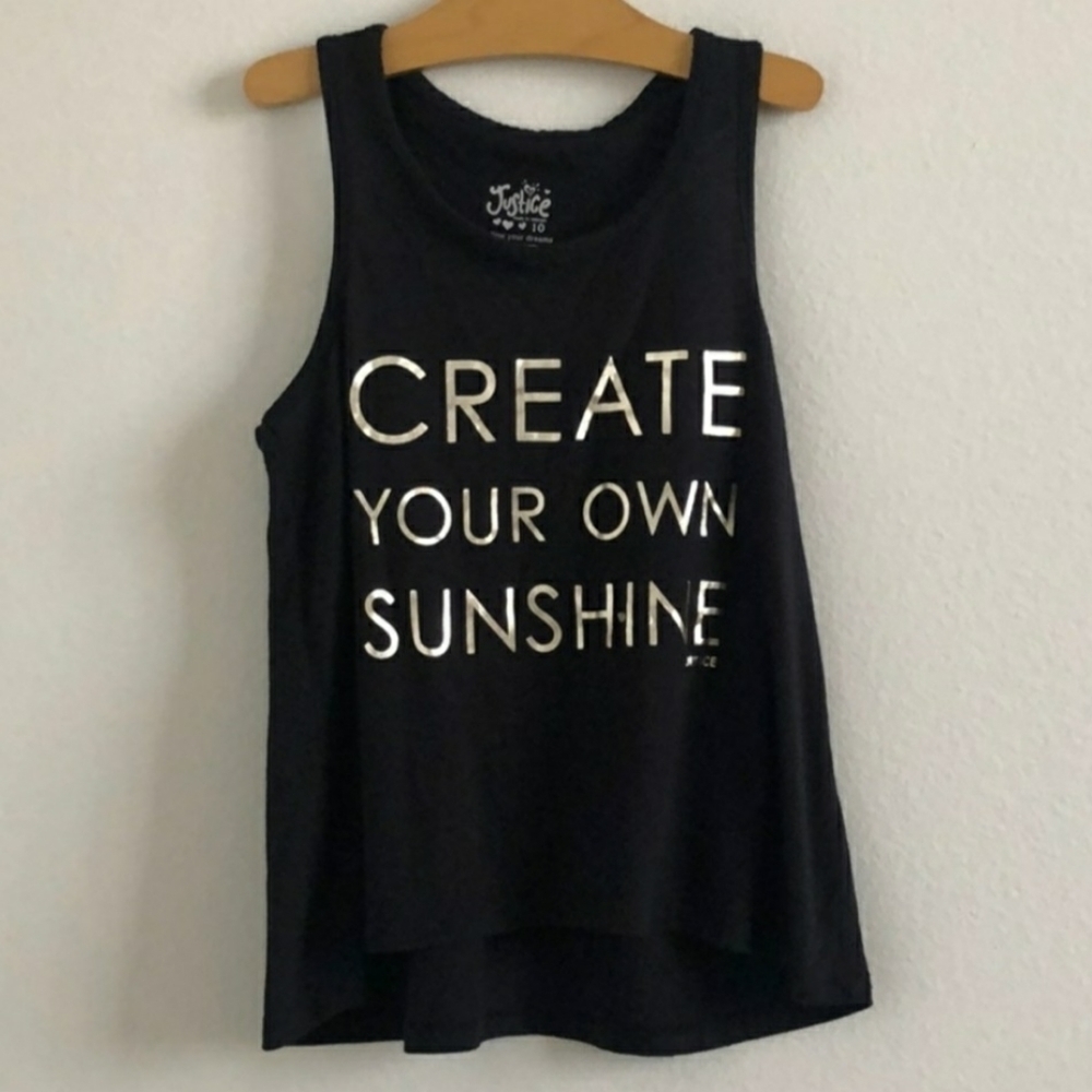 Justice "Create Your Own Sunshine" Black Tank Gold Font Girl's Size 20 Summer